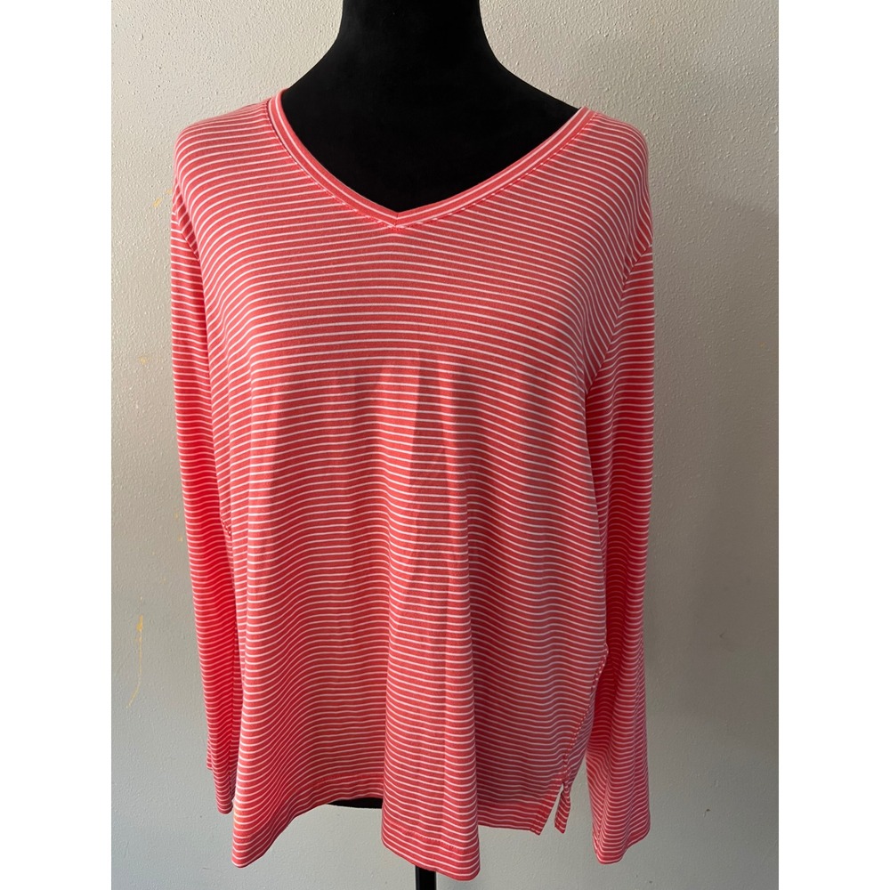 LANDS' END V-Neck Striped‎ Long Sleeve Tee Womens M Coral Pink Casual Preppy
